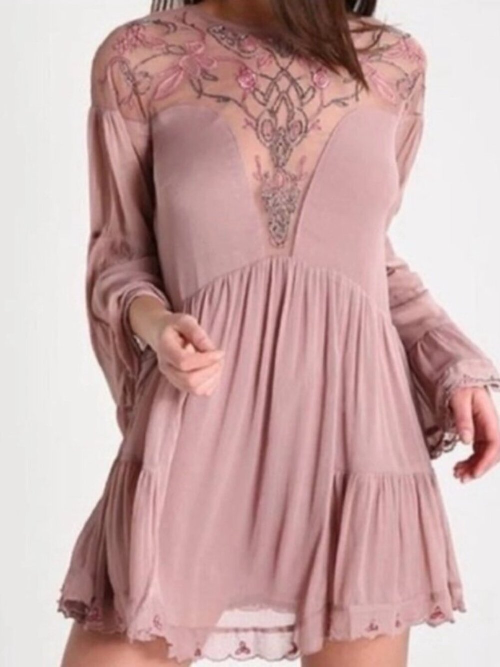 Free People Panama City Mauve Beaded Bell Sleeve Boho Festival Mini Dress Size L